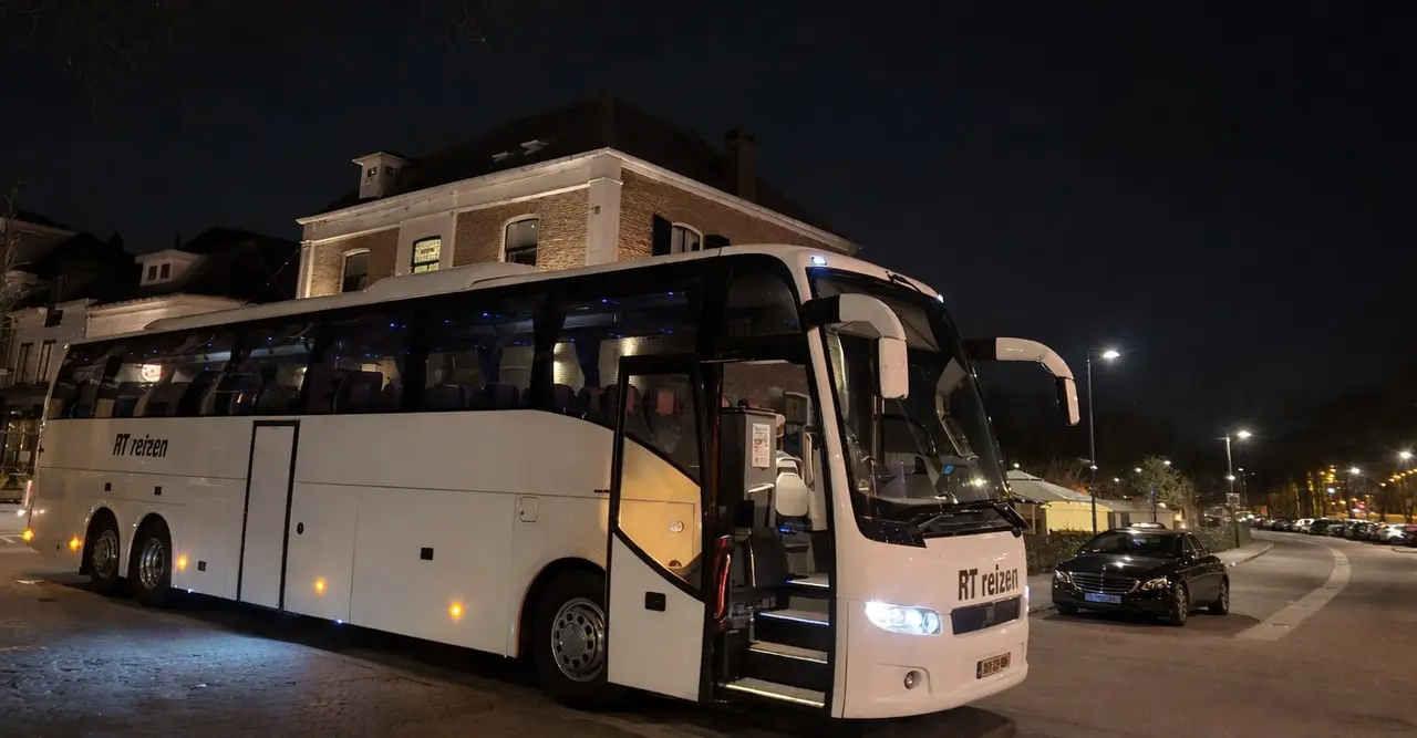 Touringcar van RT Reizen staat 's avonds in Doetinchem met de deur open aan de straat, klaar om een groep op te halen.