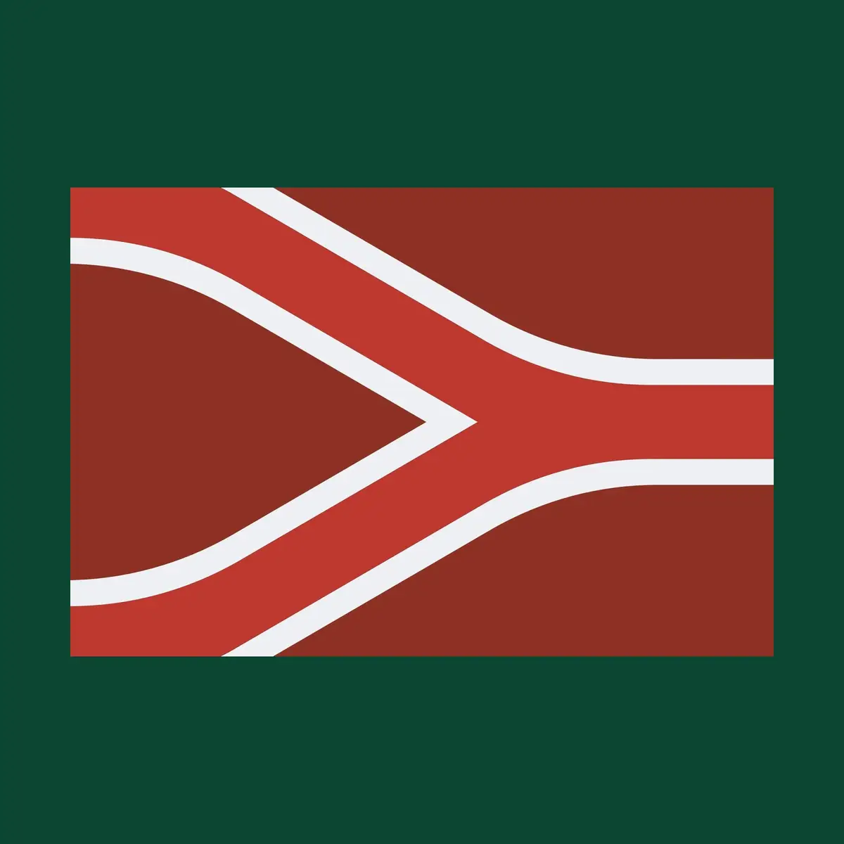 De vlag van de Liemers: twee witte banen die samenkomen op een rood veld.