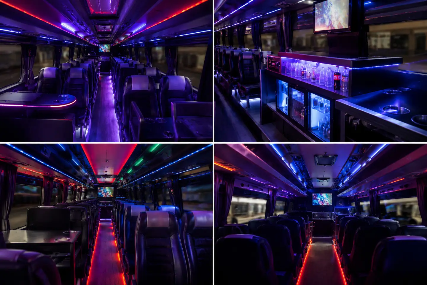 Vier beelden van het interieur bij avond: de sfeerverlichting langs het plafond en het looppad, de bar met gekoelde vitrines, en de tafels met bekerhouders.